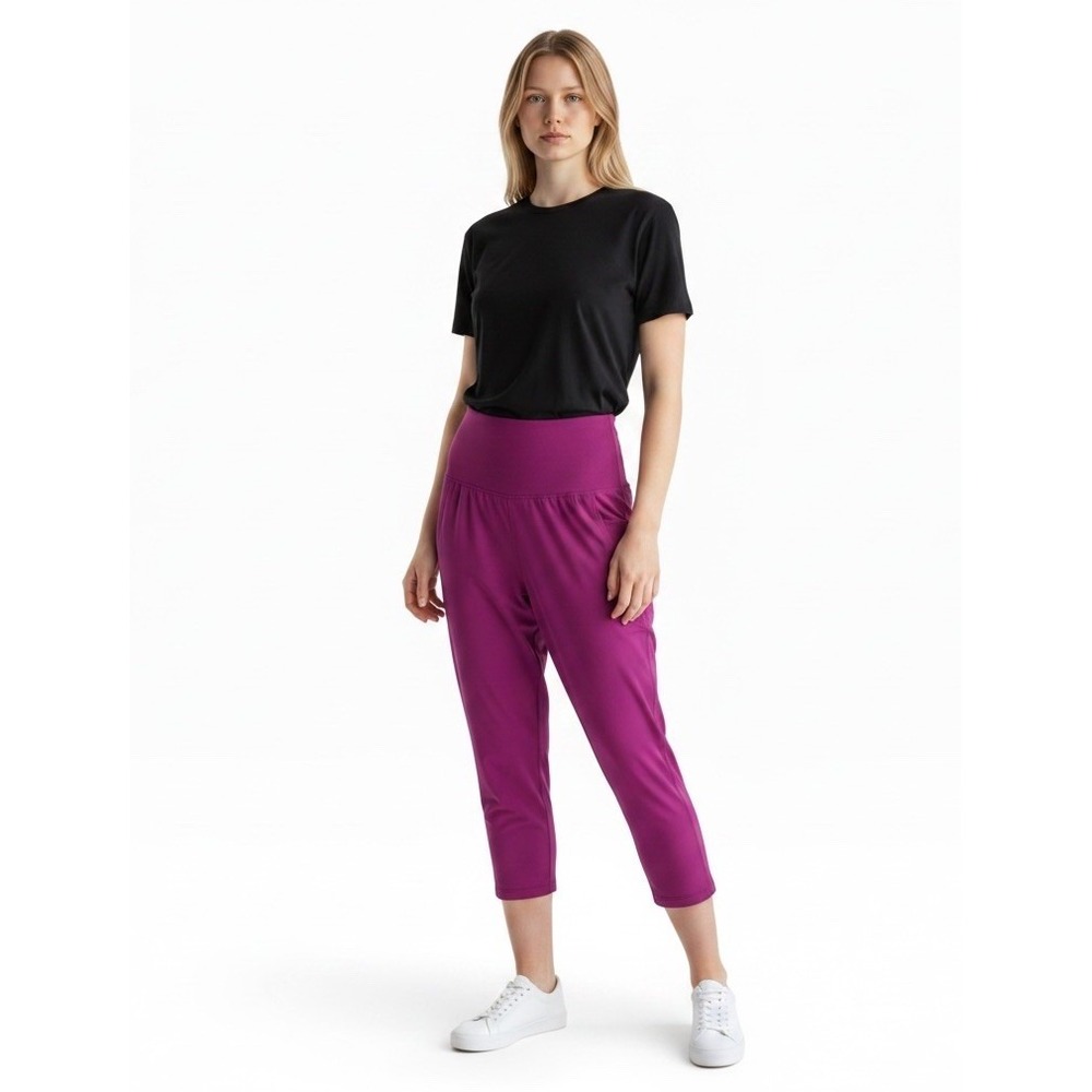 Lululemon Women's 4 Tranquil Crop Pants Fuchia Pink Back Tulip Hem Harem EUC